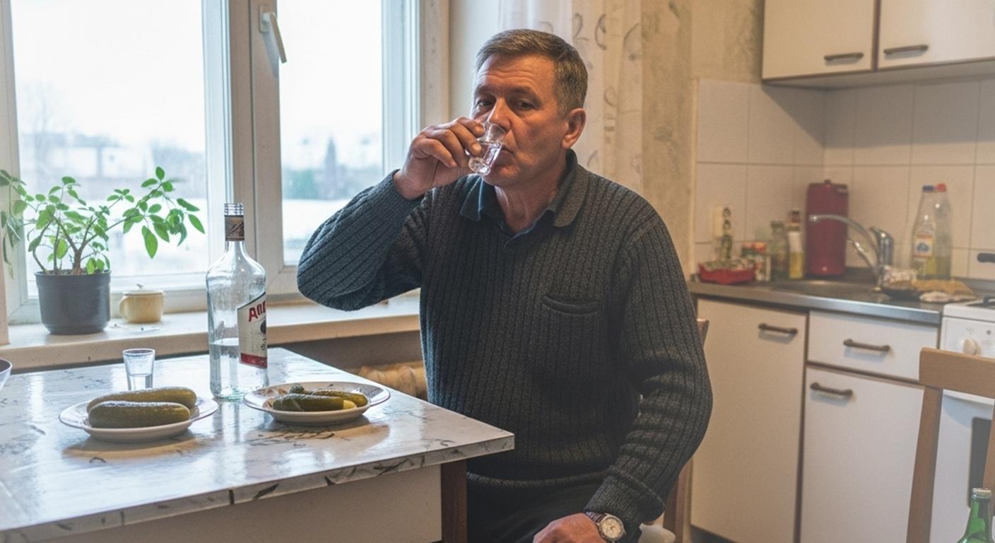 Мужчина пьет водку на кухне